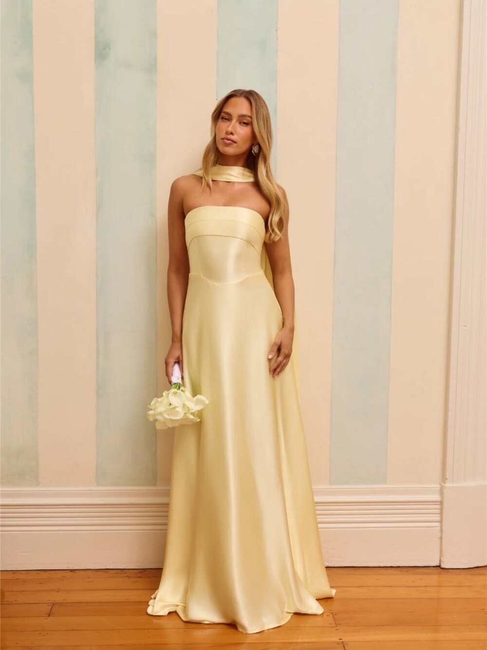 The Serina Strapless Satin Maxi Dress - Butter Yellow - Hello Molly
